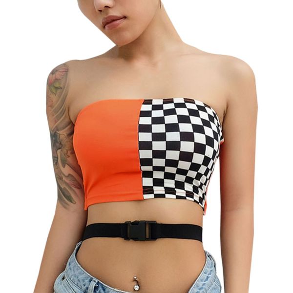 

women patchwork tube streetwear buckle belt strapless crop casual tank 2019 bandeau cami slim fit clothes, White