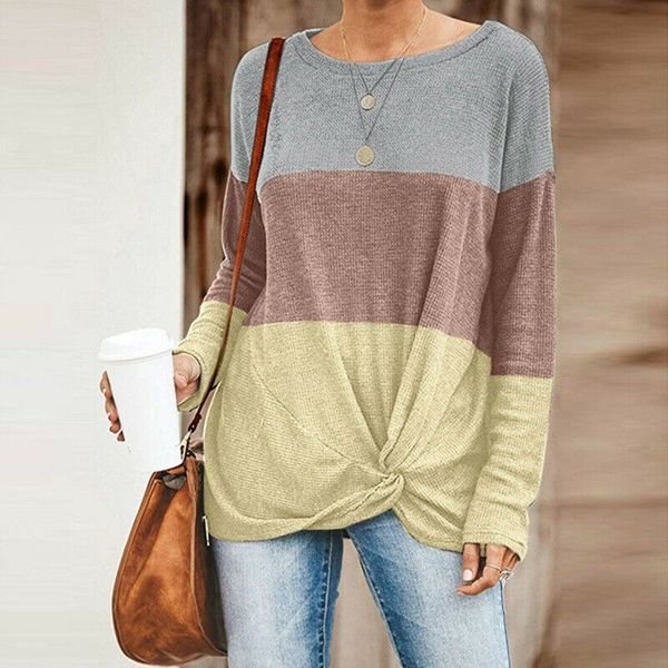 

sell new womens ladies patchwork knot sweater jumper ladies knitted t-shirt blouse pullover plus size, White
