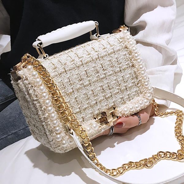 

2020 winter fashion new female square tote bag quality woolen pearl women's handbag ladies chain shoulder crossbody bag
