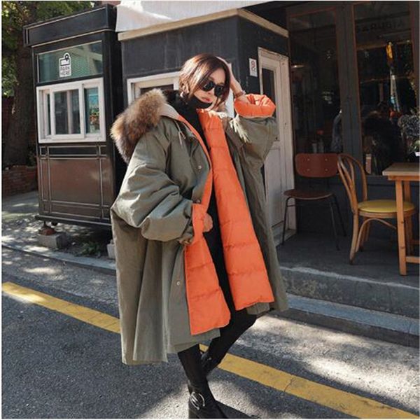 

large real raccoon fur 2018 winter jacket women loose hooded long down parkas white duck down jacket plus size female warm coat, Black