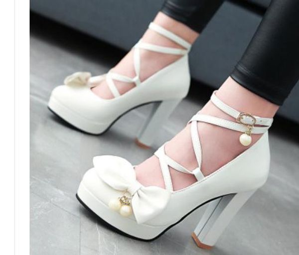 

women's shoes in spring and autumn high coarse heel round head bowknot waterproof table@6023, Black