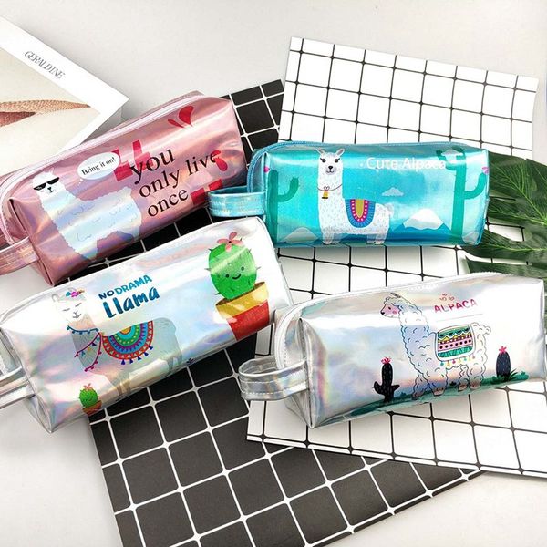 

cactus alpaca pencil case bag for girl boys holographic student large capacity pu waterproof pen box school supply