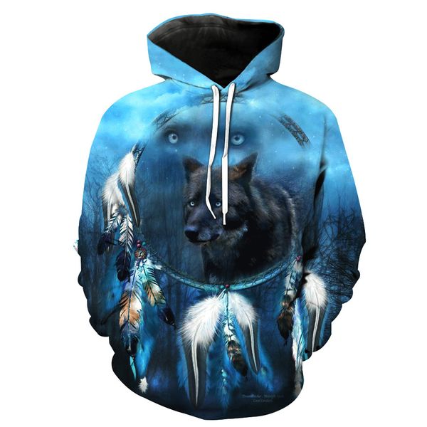 

wolf printed hat pocket cover men's tide hat men's garments sweatshirts printing blouse hoodies, Black