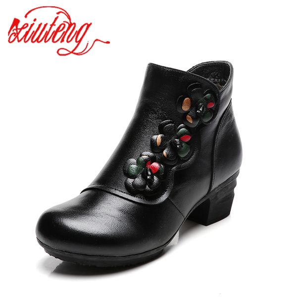

xiuteng new cow ankle women shoes genuine leather winter soft flower comfortable warm spare heel boots y200115, Black