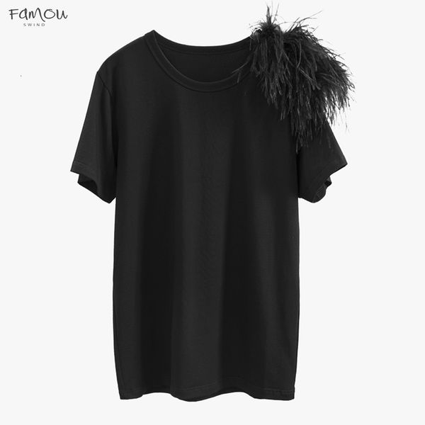 

New 2019 Summer Casual Black Tops O Neck Short Sleeve Patchwork Feathers Womens T-Shirts Good Quality