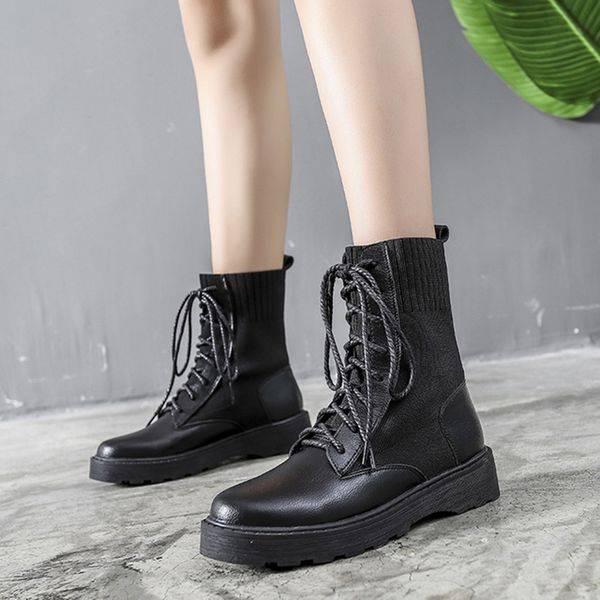 

women sock boots 2019 spring autumn casual lace up woman black ankle boots plus size 34-44 female sock boot women ankle boot