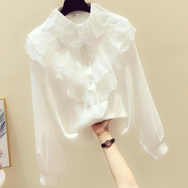 

2020 spring sweet peter pan collar lace patchwork chiffon blouse women lantern sleeve shirt plus size 2xl, White