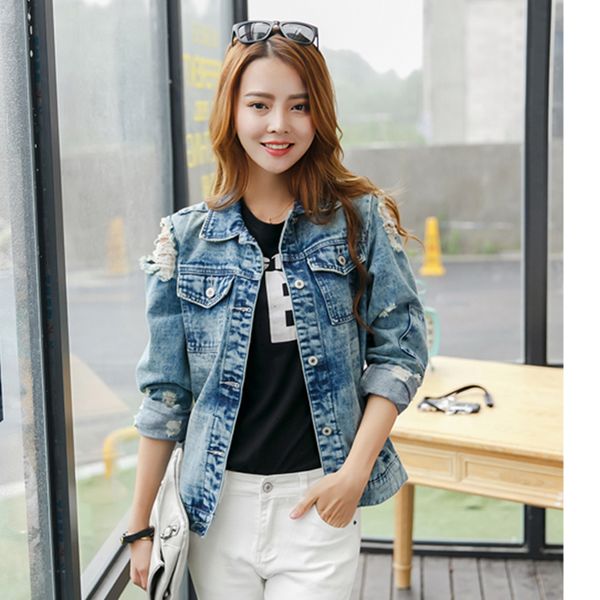 

rugod 2018 vintage funny print jean jacket women ripped hole long sleeve bomber jackets casual spring autumn short denim jacket, Black;brown