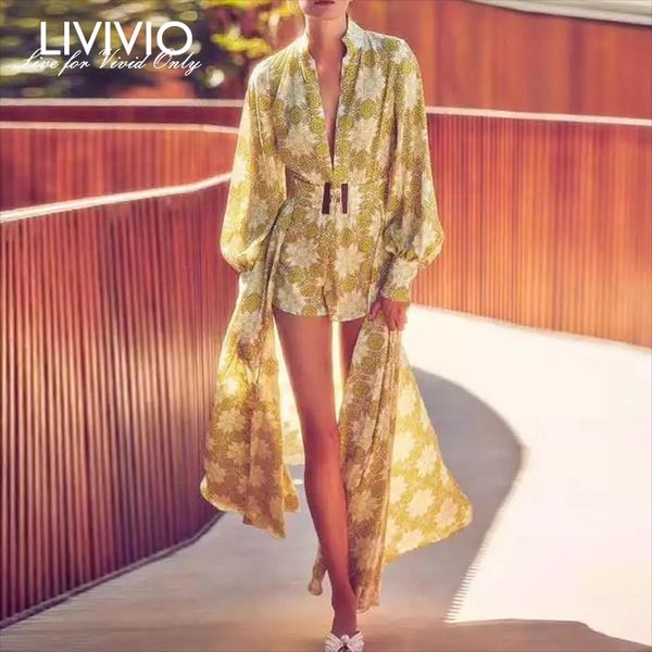 

livivio] print stand neck long lantern sleeve womens jumpsuit shorts with belt waisted ladies streetwear 2019 autumn fashion, Black;white