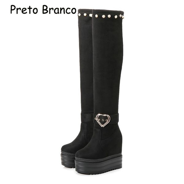 

preto branco 13cm heels autumn winter slope female height increase wild thick bottom stove stretch over knee boots zyw-521-129, Black