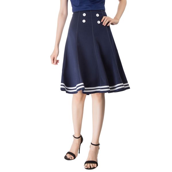 

womens vintage buttons decorated contrast white stripe flared a-line skirt, Black
