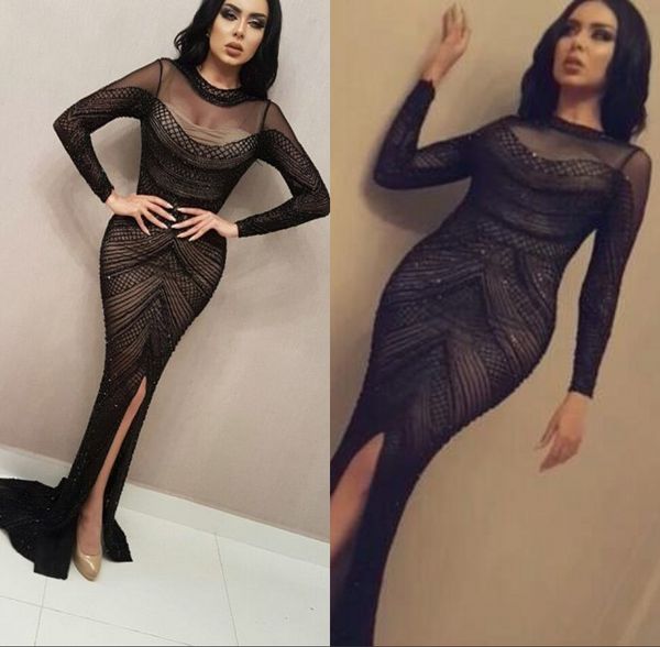 

Black Elegant Mermaid Evening Formal Dresses 2019 Long Sleeve Sequined Front Split Prom Dress Evening Gowns Evening Wear robe de soiree