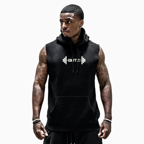 

new sports hooded vest men's fitness vest running training clothing, White;black
