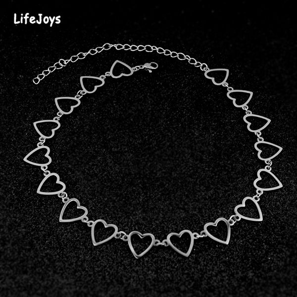 

stainless steel heart chain choker necklace silver color hollow multi hearts charms love cute jewelry statement for girls women, Golden;silver