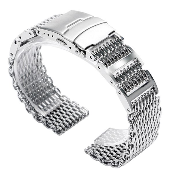 20/22/24 mm Silber/Schwarz Edelstahl Shark Mesh Solid Link Armbanduhr Band Ersatzband Faltschließe