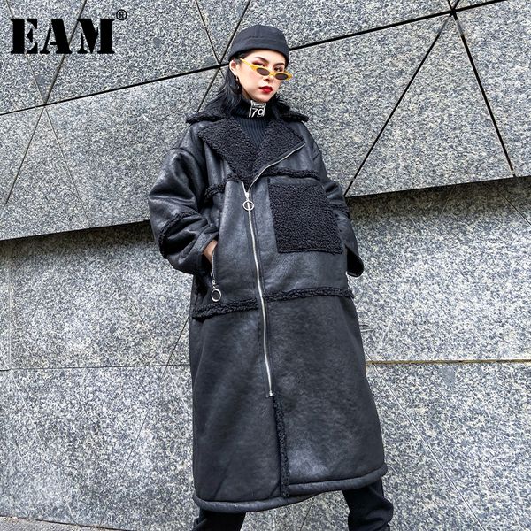 

[eam] loose fit black pu leather thick big size jacket new lapel long sleeve women coat fashion tide autumn winter 2019 19a-a397, Black;brown