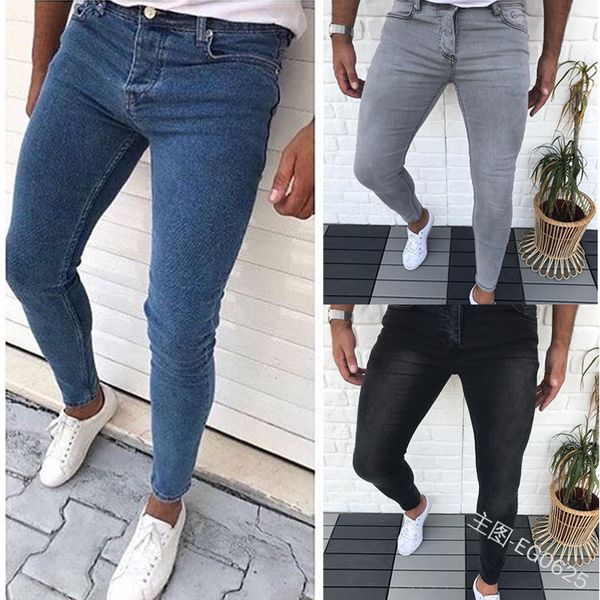 

man solid color leisure skinny jeans bound feet pants slim fit denim pant casual men slim fashion catchy elasticity jogger, Blue