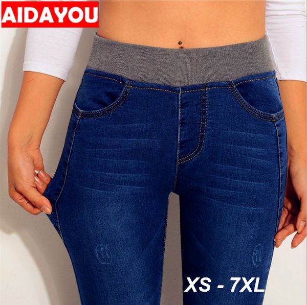 

plus size winter jeans women elastic high waist 6xl winter pants casual denim stretch trousers ouc549, Blue