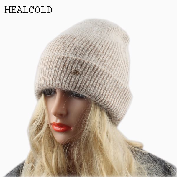 

зимняя шерсть теплые шапки для женщин шерсти кролика вязаная шапочки дамы ангола повседневный cap skullies mx191109, Blue;gray