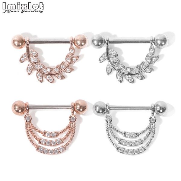 

2pcs crystal zircon leaf style dangle nipple ring piercing shield bars 316l surgical steel piercing nipple body jewelry, Slivery;golden