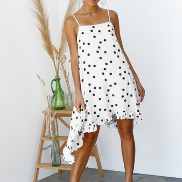 

лето спагетти ремень пляж платье женщин короткие мини-платье в горошек принт вечернее бохо платья vestidos женщины, Black;gray