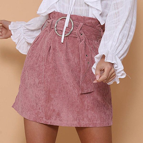 

women skirt vintage high waist jupe bodycon button ruffles short saia feminina mini corduroy female skirts send belt, Black