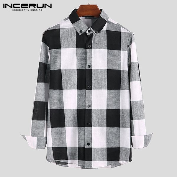 

incerun plaid men casual shirt long sleeve fitness lapel streetwear blouse camisa autumn fashion brand classic shirts men s-5xl, White;black