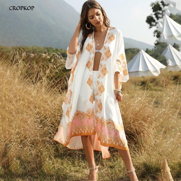 

long blouses women boho printed cardigan summer spring black shirts casual loose beach clothing fashion 2020 asymmetrical, White