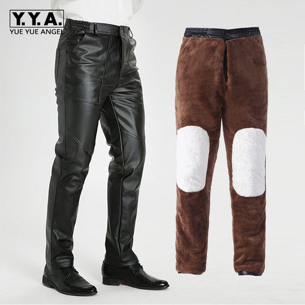

mens winter fleece lining pu leather pants windproof straight loose fit motorcycle long trousers plus size faux leather pants, Black