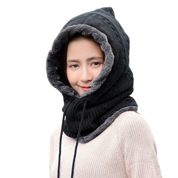 

new fashion autumn winter plus velvet knitted women hooded hat scarf set female thick warm cap hooded scarf crochet beanies caps, Blue;gray