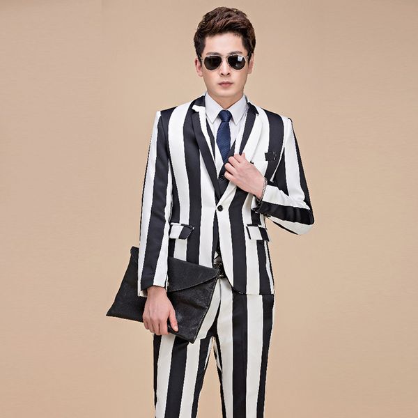 2020 Abrigo Hombre Male Black White Vertical Stripes Slim Flower