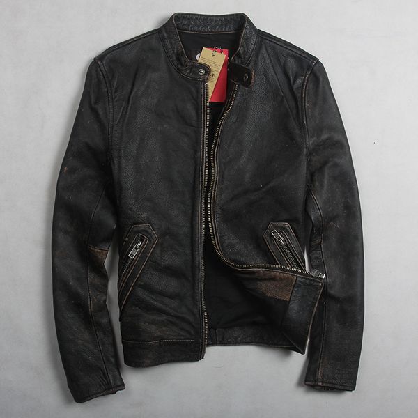 

new fashion vintage genuine leather jacket men black cowskin short simple motorcycle jacket men's slim fit leather coat