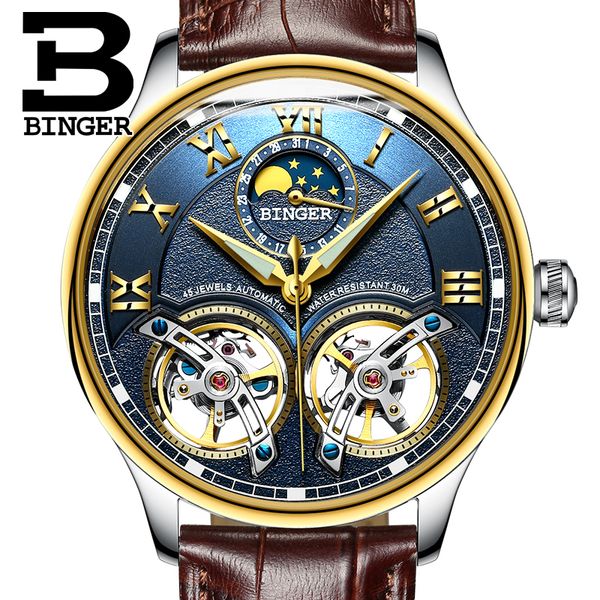 

automatic watches binger skeleton mechanical watch for men leather strap clock luminous watch men's relogio masculino, Slivery;brown