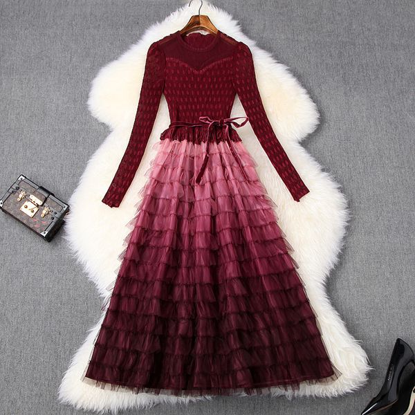 

women fashion 2020 pleated party dress long sleeve designer brand cute polka dot mesh ruffles long dresses red black purple blue, Black;gray