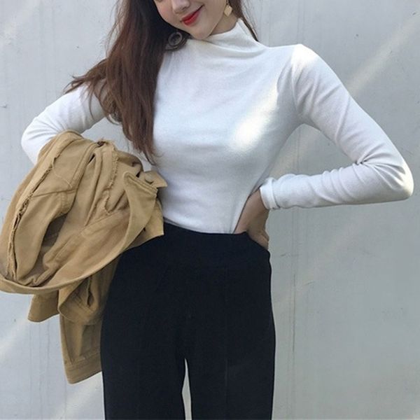 

women fall tee solid color turtleneck long-sleeved t-shirt slim ladies autumn warm clothes tshirt white xl