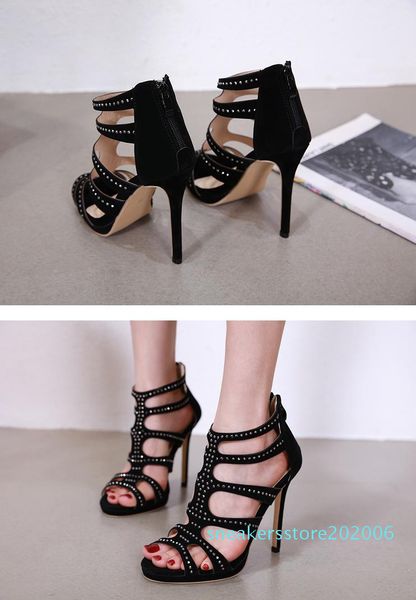 

new black rivets t strap gladiator sandals shoes fashion luxury designer women shoes high heels size 35 to 40 06s