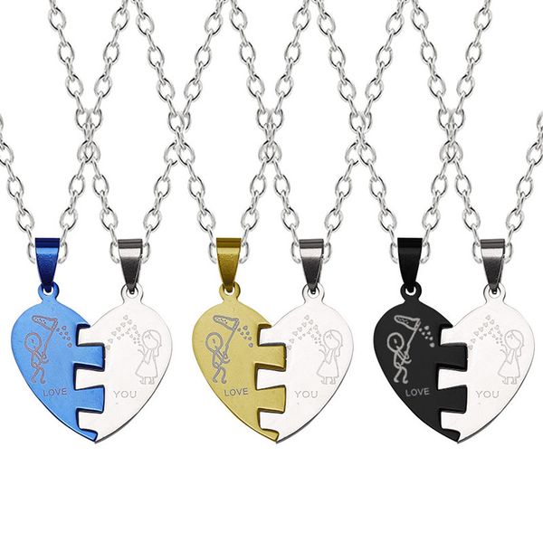 

pendant necklaces fashion women necklace men and custom couple chain stainless steel splicing heart jewelry gift, Silver