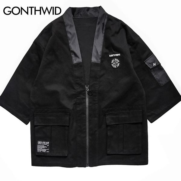 

gonthwid mens japanese zip kimono jackets male harajuku front pockets kimono jacket streetwear 2019 hip hop fashion casual coats, Black;brown