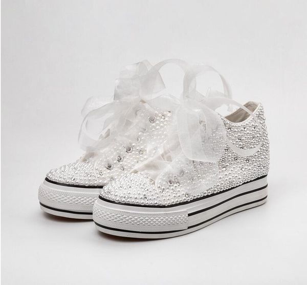 

Handmade Custom Letters Crystals Pearls Wedding Shoe Sneakers Bridal Platform Canvas plimsoll bridesmaid Sneaker shoes size 34-42