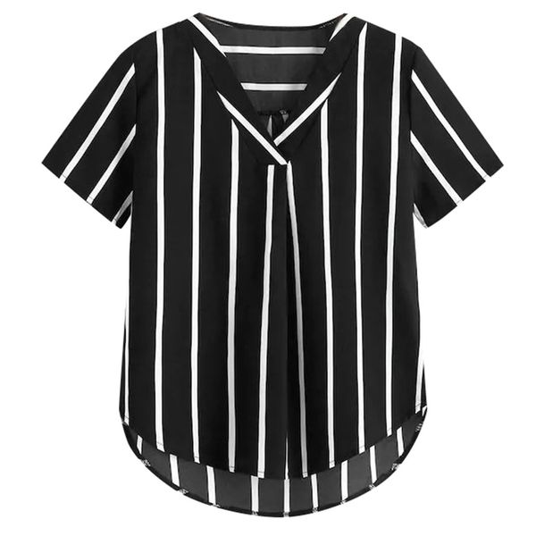 

women v-neck casual polka striped print short sleeve blouse, White