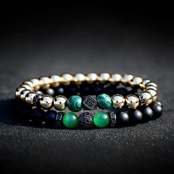 

luxury men bracelet set natural onyx stone beaded elastic bracelet black zircon ball copper bileklik pulseras
