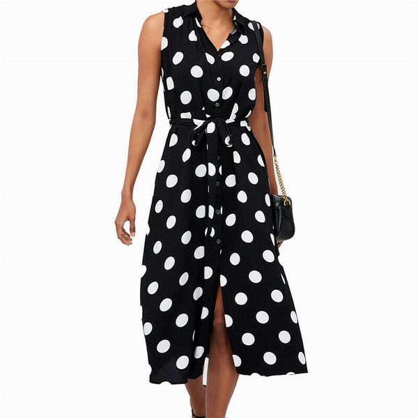 

summer fashion vogue lady female women sleeveless polka dot printed button belt dress party casual shirt dresses, Black;gray