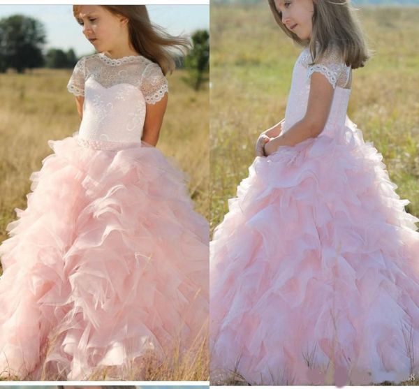 

2020 sweet blush ruffles country flower girls dresses for wedding princess short sleeves lace tulle first communion dress, White;blue