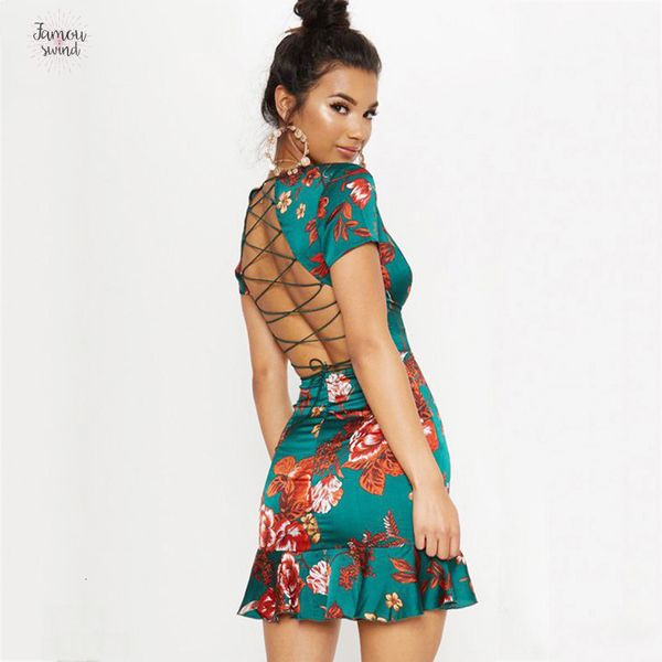 

dress women green criss cross back frill sheath streetwear flora animal print short sleeve above knee mini summer party dress, Black;gray