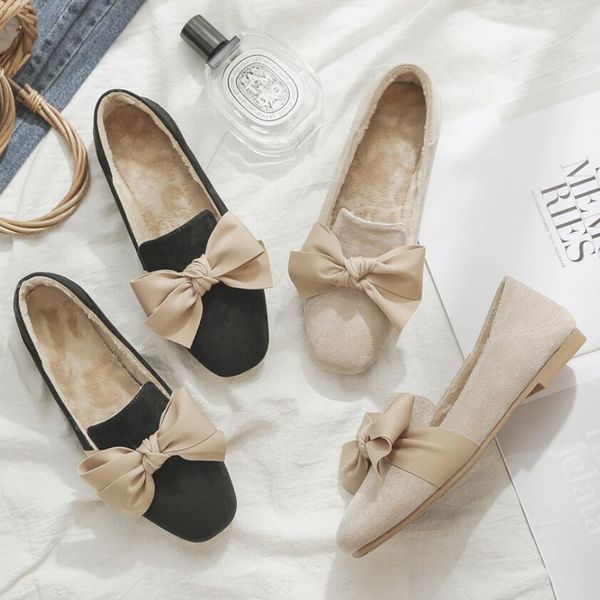 

autumn winter women fur moccasins fashion silk bow slip on plush flats socofy furry mules ballerina shoes woman footwear s590, Black