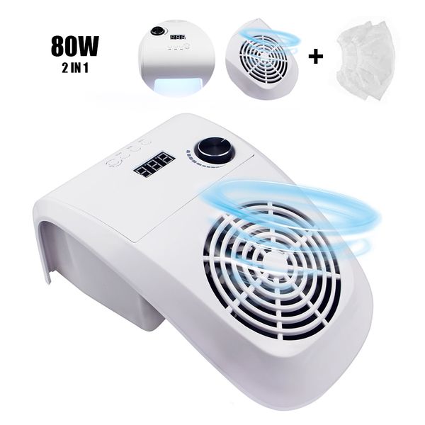 

80w 2 in 1 nail dust suction collector with nail lamp vacuum cleaner with powerful fan dust collecting bag art equipment, Silver