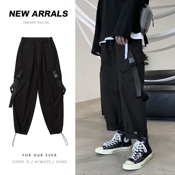 

januarysnow men's ins legged overalls loose fashion brand hong kong style falling feeling wide leg straight tube legged pants