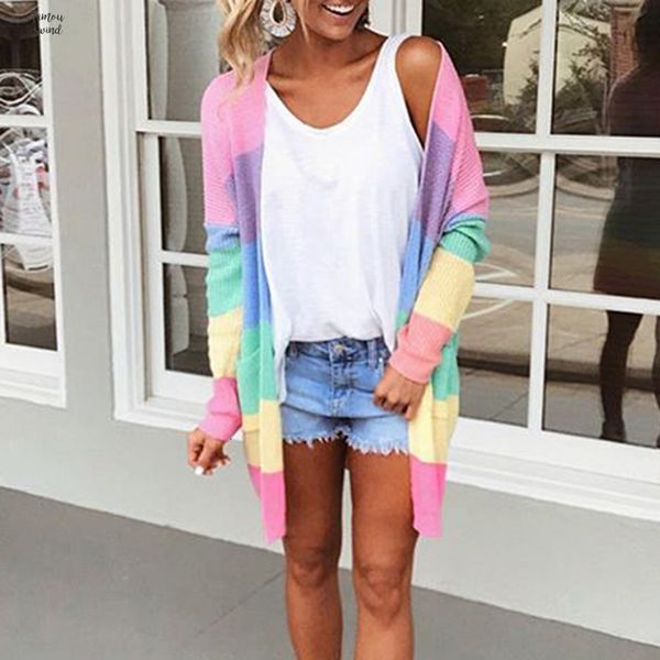 

cardigan ladys sweater long sleeve patchwork knitted autumn open front rainbow striped cardigan coat ladys sweater female cardigan, White;black