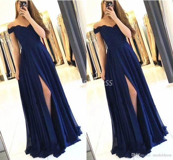 

navy blue prom dresses off shoulder high side split sweep train formal dress party evening gown ogstuff vestidos de fiesta, Black