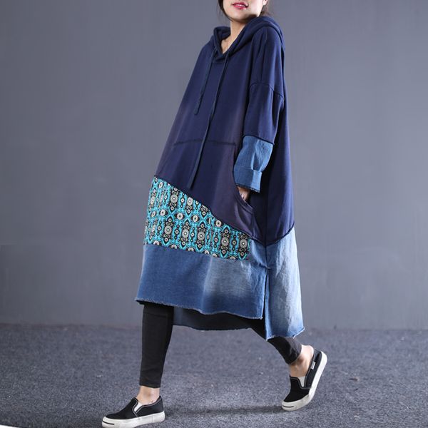 

new--2019 female new spring plus size dress literary casual retro knit denim stitching long loose shirt, Black